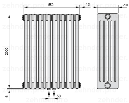 Схема (чертеж) Радиатор Zehnder Charleston 6200/12 №3470 Белый глянцевый RAL 9016